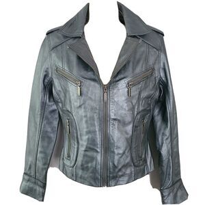 Aviatrix Women 100%  Leather Jacket Biker Rock Fitted silver gunmetal zipper M